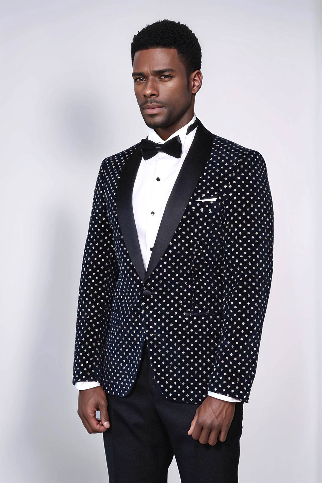Dot Patterned Slim Fit Navy Blue Men Party Blazer - Wessi