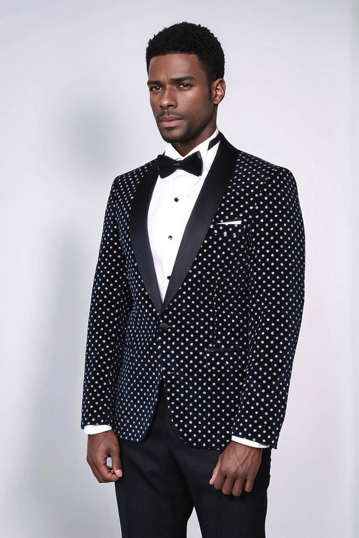 Dot Patterned Slim Fit Navy Blue Men Party Blazer - Wessi