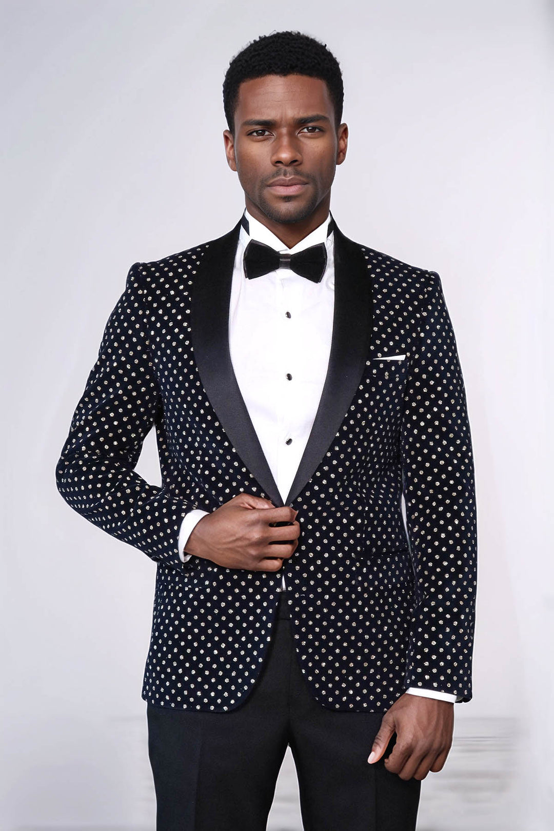 Dot Patterned Slim Fit Navy Blue Men Party Blazer - Wessi