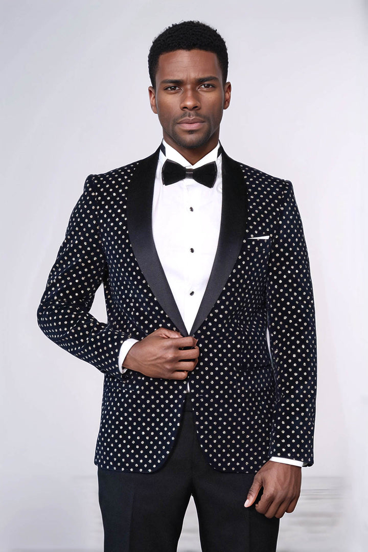 Dot Patterned Slim Fit Navy Blue Men Party Blazer - Wessi