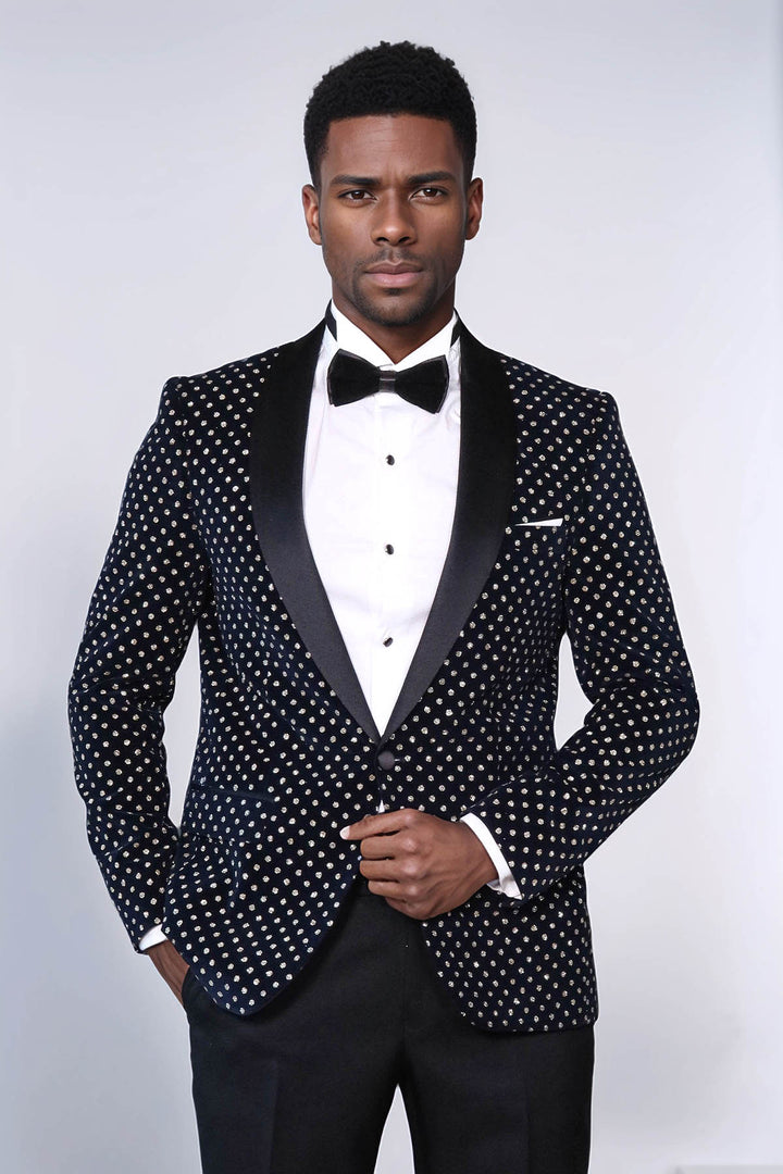 Dot Patterned Slim Fit Navy Blue Men Party Blazer - Wessi