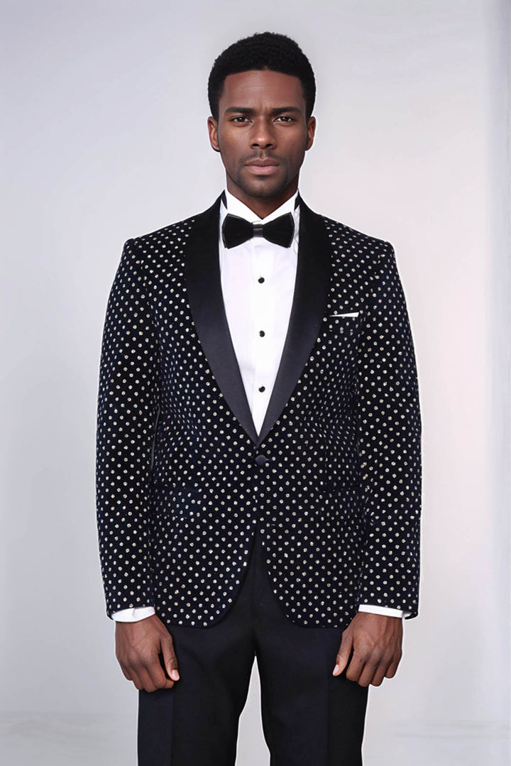 Dot Patterned Slim Fit Navy Blue Men Party Blazer - Wessi