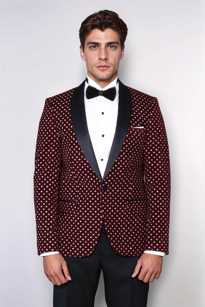 Dot Patterned Slim Fit Burgundy Men Dinner Jacket - Wessi