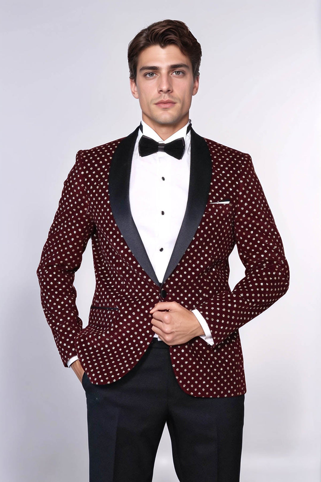 Dot Patterned Slim Fit Burgundy Men Dinner Jacket - Wessi