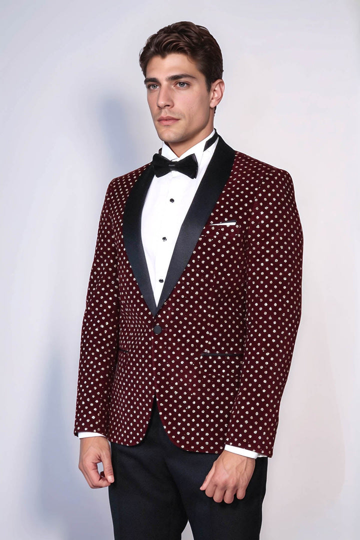 Dot Patterned Slim Fit Burgundy Men Dinner Jacket - Wessi