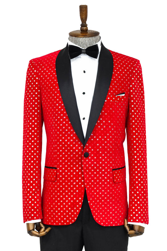 Red Polka Dot Shawl Lapel Tuxedo with Black Pants - Bold Evening Look