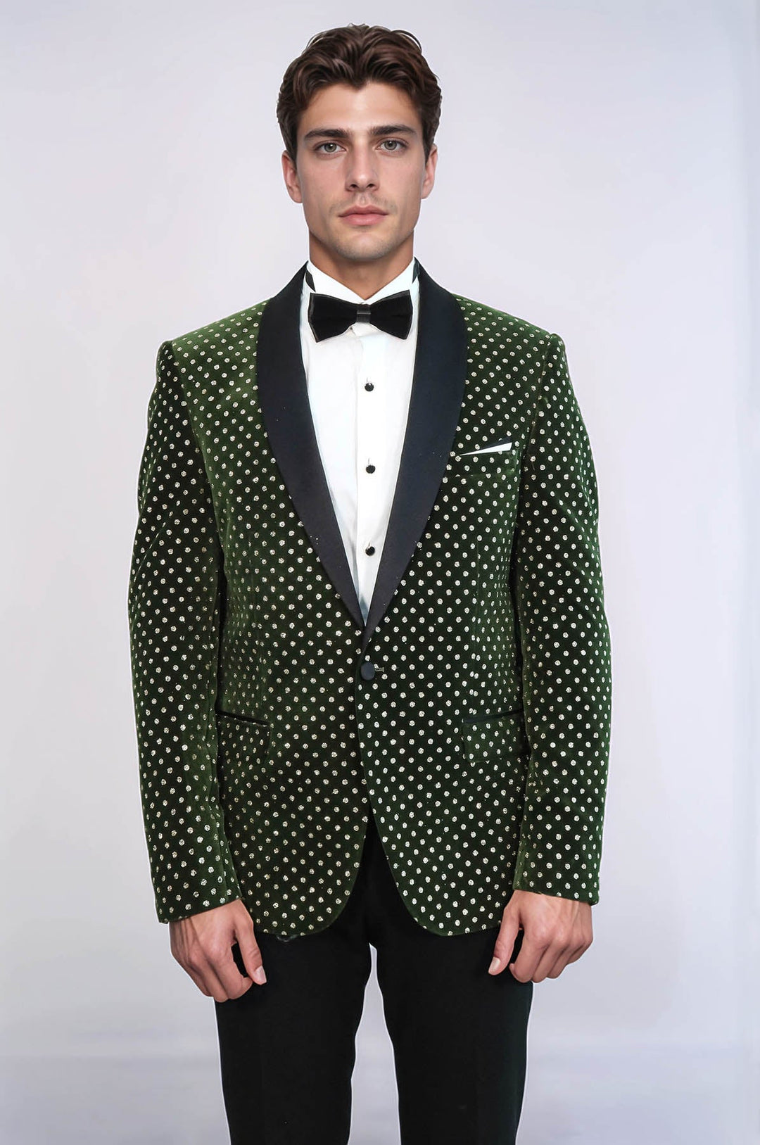 Приталенный темно-зеленый мужской пиджак в горошек для выпускного вечера - Wessi