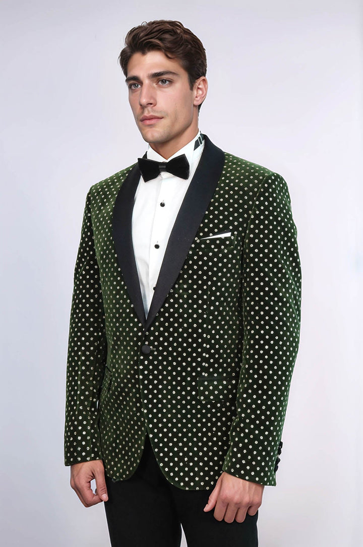 Приталенный темно-зеленый мужской пиджак в горошек для выпускного вечера - Wessi