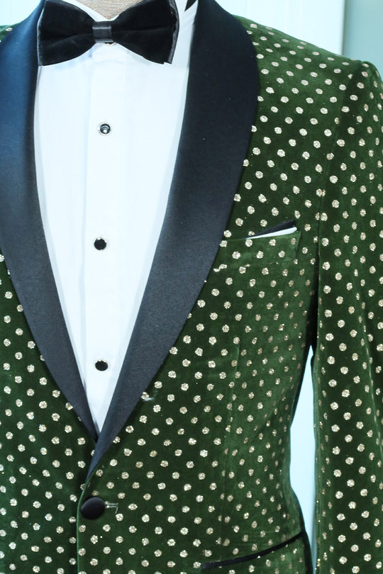 Giacca Tuxedo con Rever a Picco in Velluto a Pois Verde Green e Pantaloni Black - Stile Party Luxe