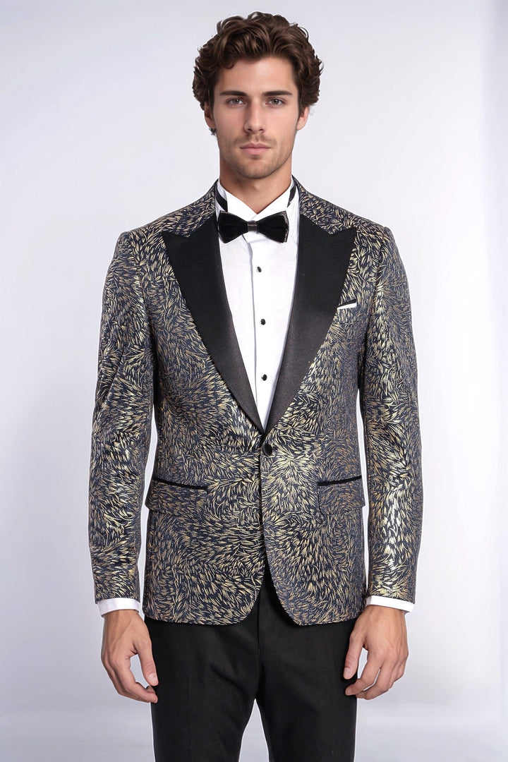 Feather Patterned Slim Fit Navy Blue Men Dinner Jacket - Wessi