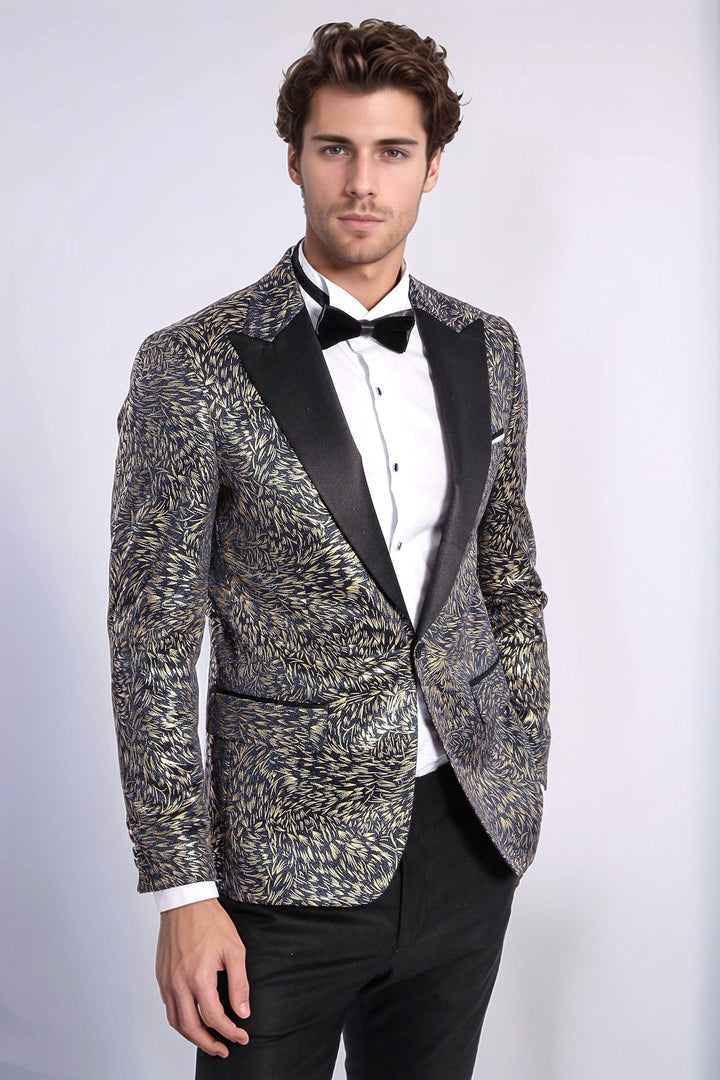 Feather Patterned Slim Fit Navy Blue Men Dinner Jacket - Wessi