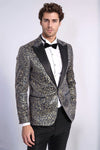 Feather Patterned Slim Fit Navy Blue Men Dinner Jacket - Wessi