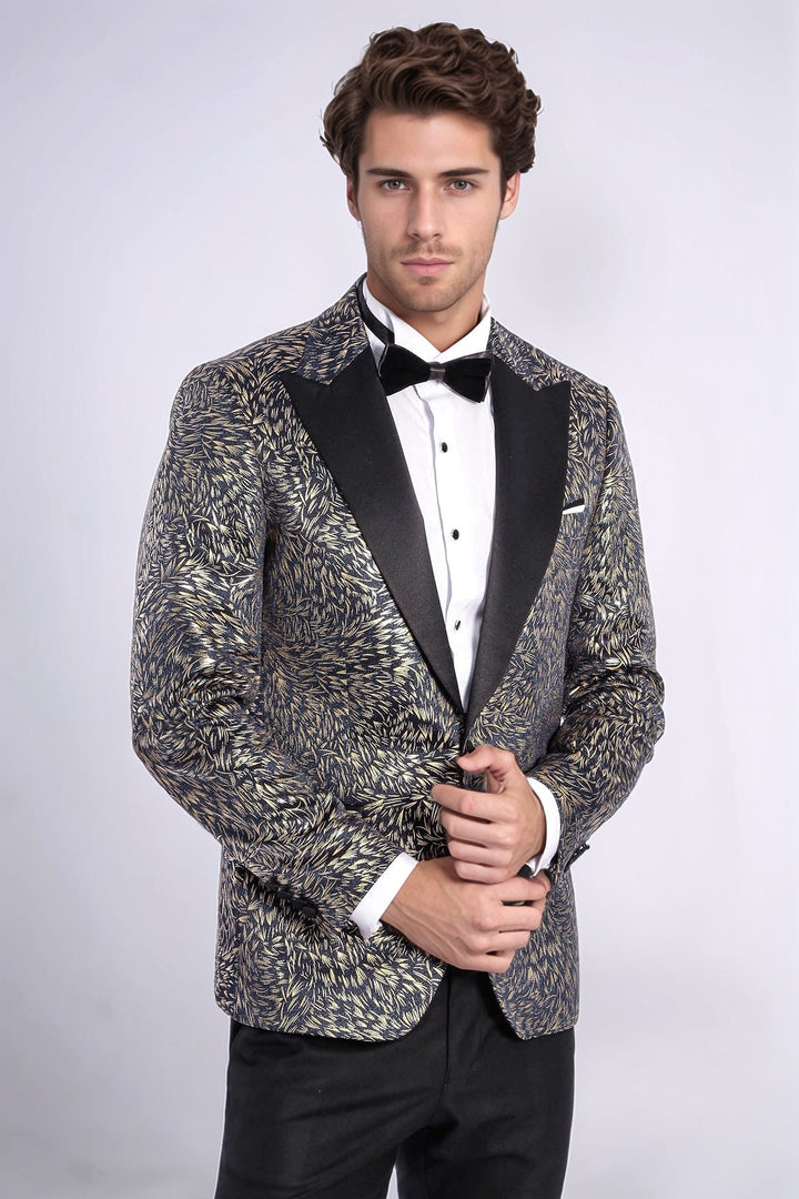 Feather Patterned Slim Fit Navy Blue Men Dinner Jacket - Wessi