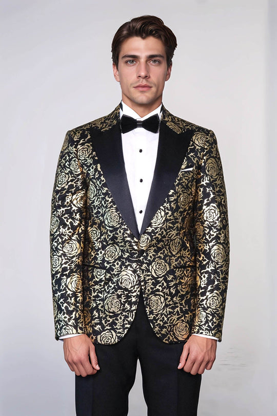 Gold Rose Patterned Slim Fit Black Men Singer Tuxedo Blazer - Wessi