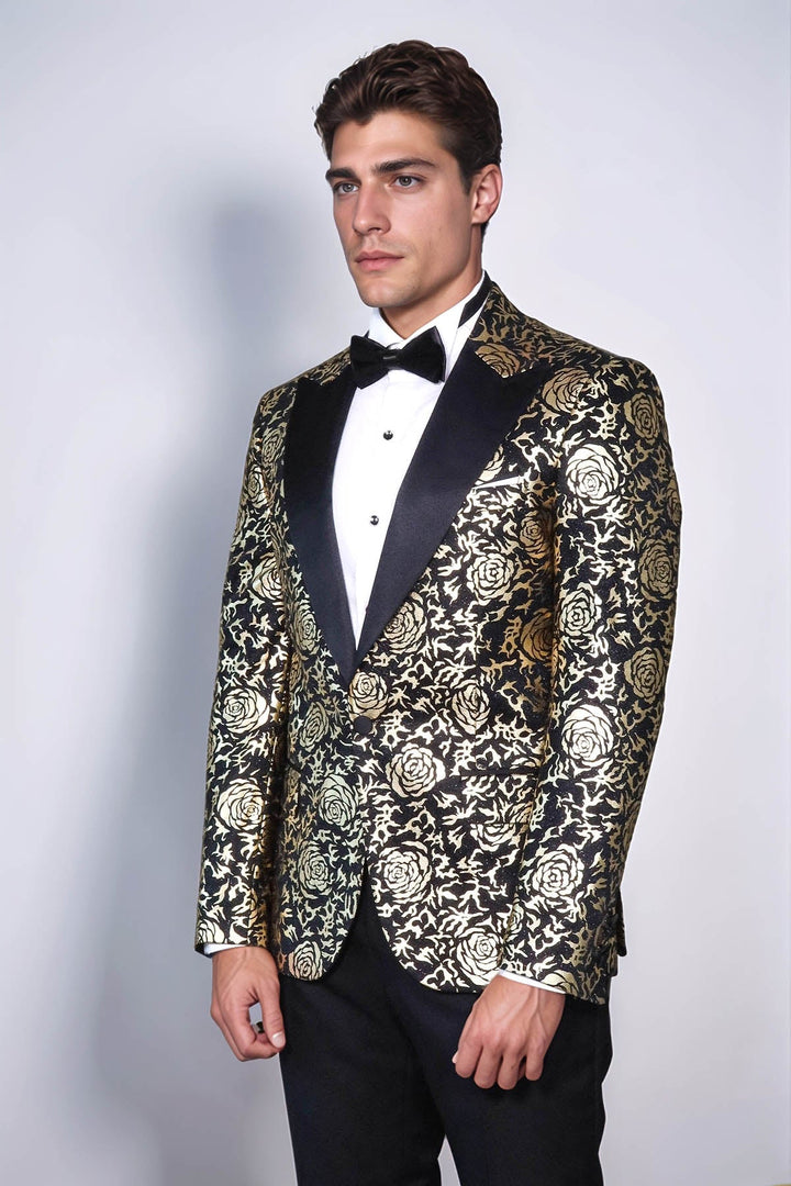 Gold Rose Patterned Slim Fit Black Men Singer Tuxedo Blazer - Wessi