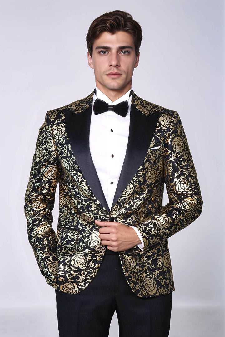 Gold Rose Patterned Slim Fit Black Men Singer Tuxedo Blazer - Wessi