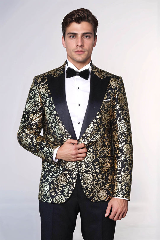 Gold Rose Patterned Slim Fit Black Men Singer Tuxedo Blazer - Wessi