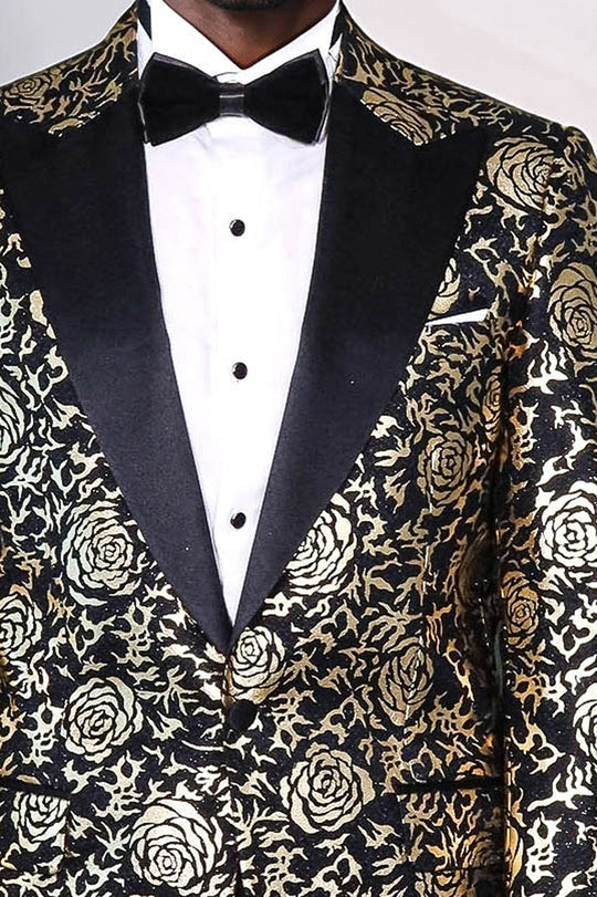 Gold Rose Patterned Slim Fit Black Men Singer Tuxedo Blazer - Wessi