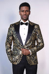 Gold Rose Patterned Slim Fit Black Men Singer Tuxedo Blazer - Wessi