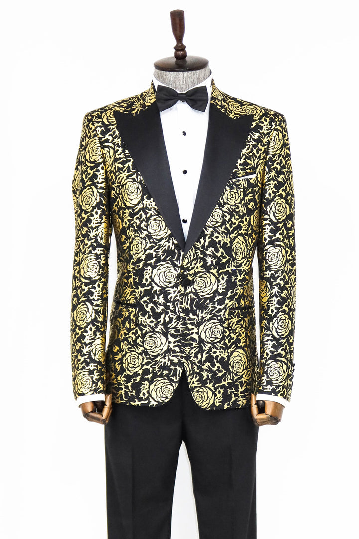 Gold Rose Patterned Slim Fit Black Men Prom Blazer - Wessi