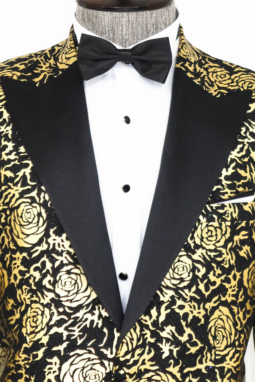 Gold Rose Patterned Slim Fit Black Men Prom Blazer - Wessi