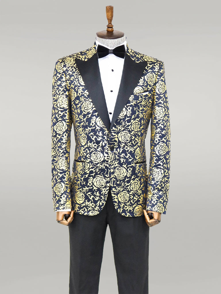 Gold Rose Patterned Slim Fit Navy Blue Men Party Blazer Wessi