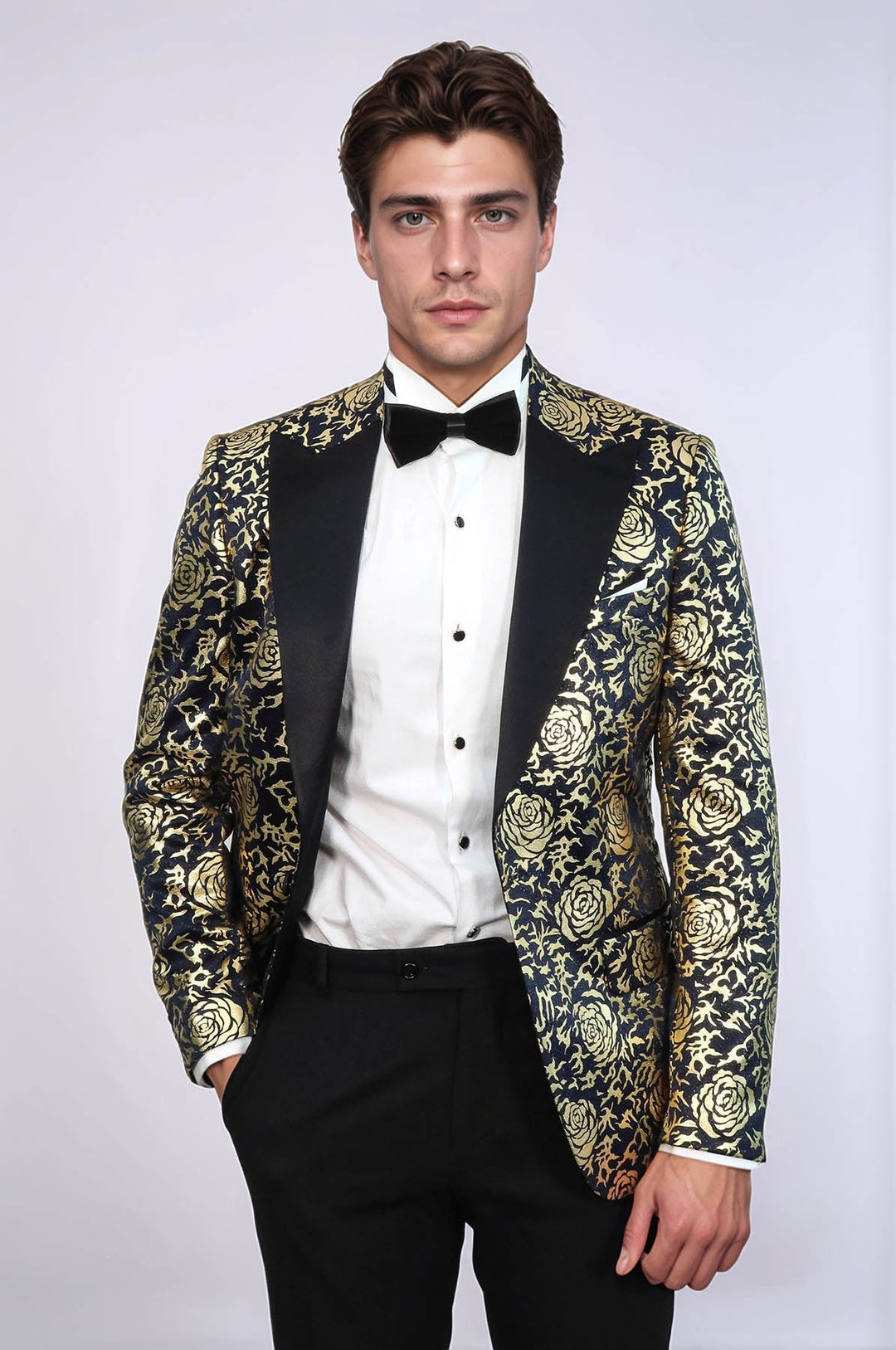 Gold Rose Patterned Slim Fit Navy Blue Men Party Blazer - Wessi