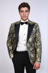 Gold Rose Patterned Slim Fit Navy Blue Men Party Blazer - Wessi
