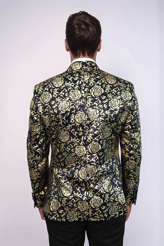 Gold Rose Patterned Slim Fit Navy Blue Men Party Blazer - Wessi