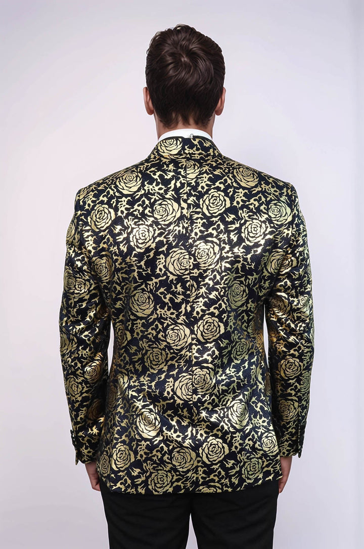 Gold Rose Patterned Slim Fit Navy Blue Men Party Blazer - Wessi