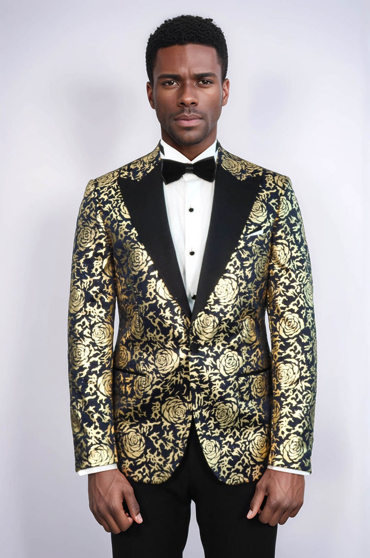 Gold Rose Patterned Slim Fit Navy Blue Men Party Blazer - Wessi