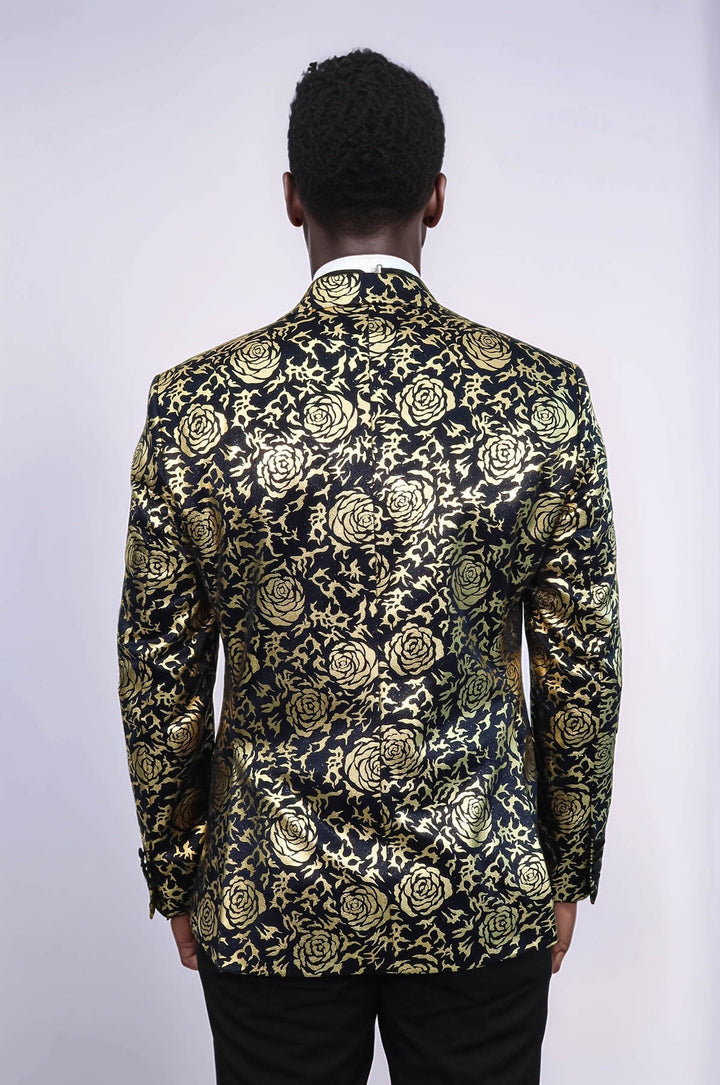 Gold Rose Patterned Slim Fit Navy Blue Men Party Blazer - Wessi