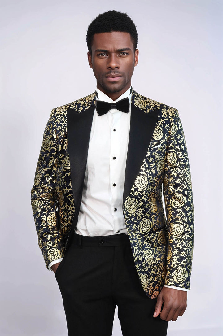 Gold Rose Patterned Slim Fit Navy Blue Men Party Blazer - Wessi
