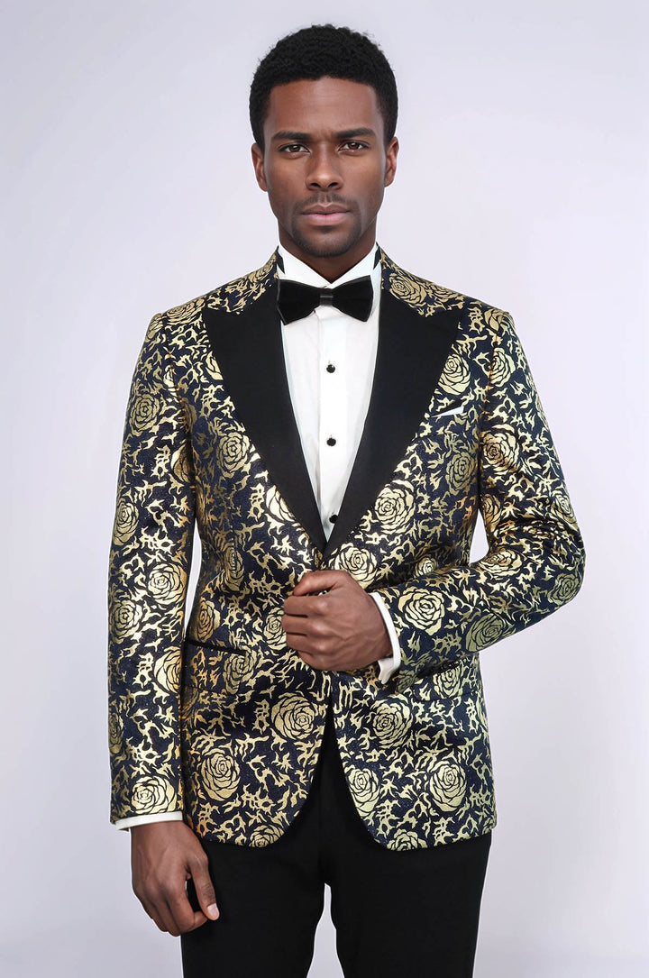 Gold Rose Patterned Slim Fit Navy Blue Men Party Blazer - Wessi
