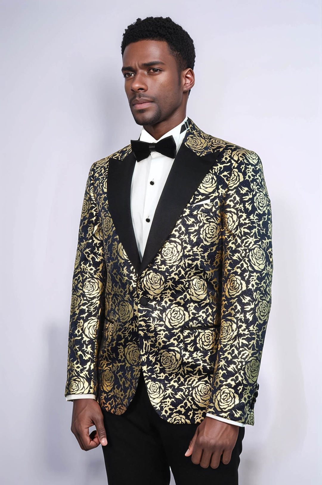 Gold Rose Patterned Slim Fit Navy Blue Men Party Blazer - Wessi