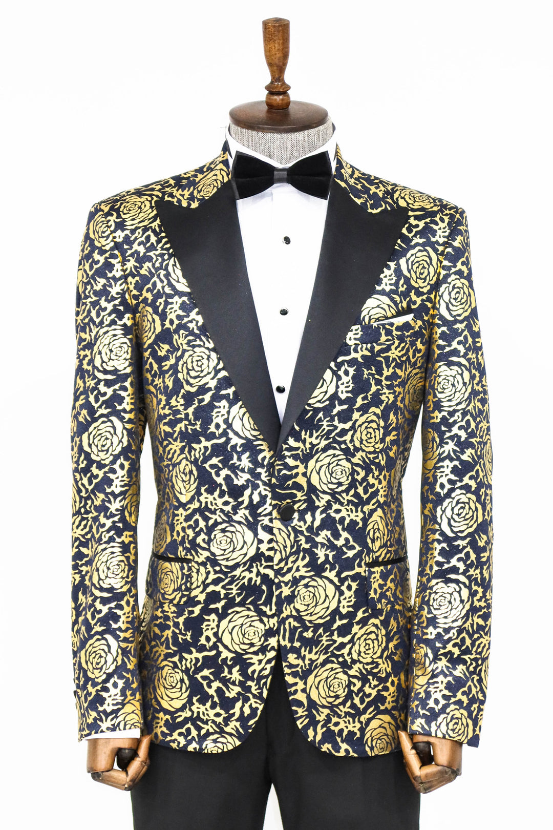 Gold Rose Patterned Slim Fit Navy Blue Men Prom Blazer and Trousers Combination- Wessi