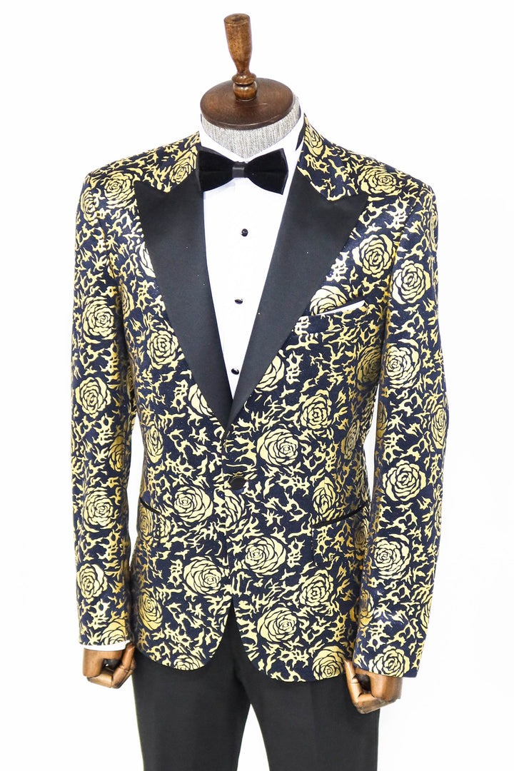 Gold Rose Patterned Slim Fit Navy Blue Men Prom Blazer and Trousers Combination- Wessi