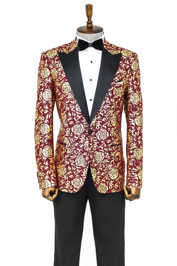 Gold Rose Patterned Slim Fit Burgundy Men Prom Blazer - Wessi