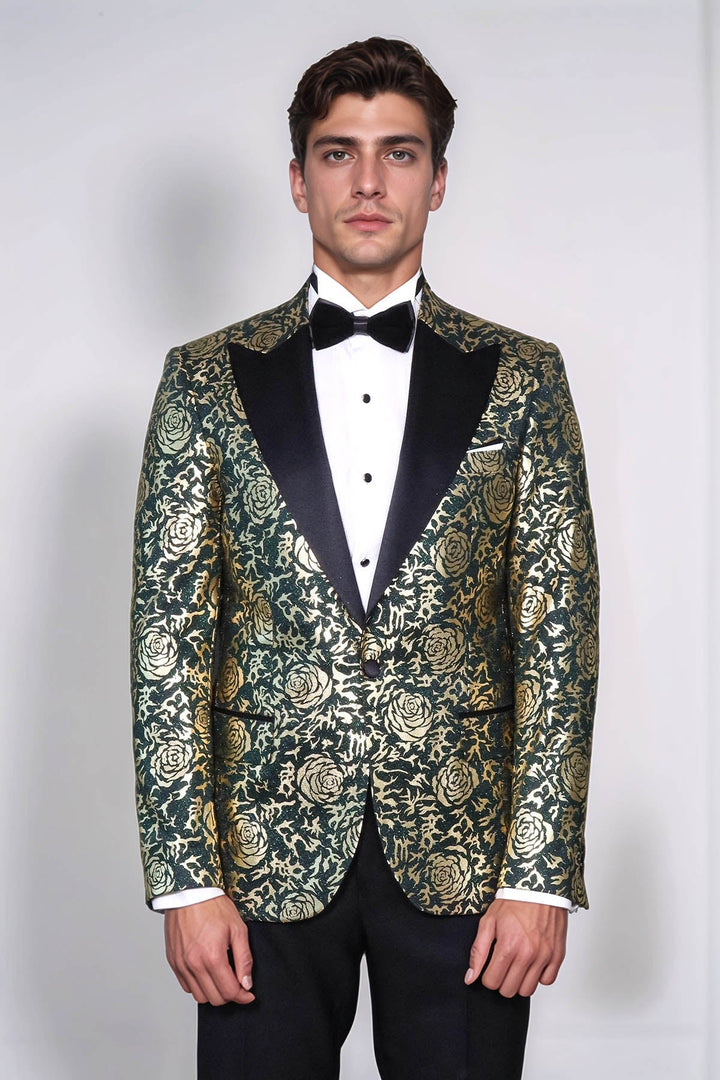 Gold Rose Patterned Slim Fit Green Men Singer Tuxedo Jacket - Wessi
