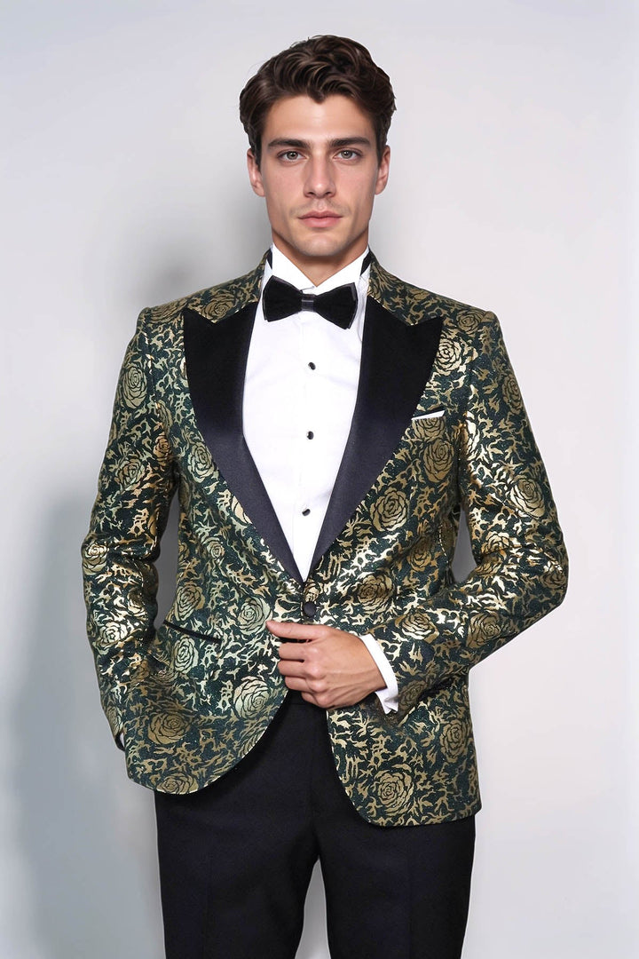 Gold Rose Patterned Slim Fit Green Men Singer Tuxedo Jacket - Wessi