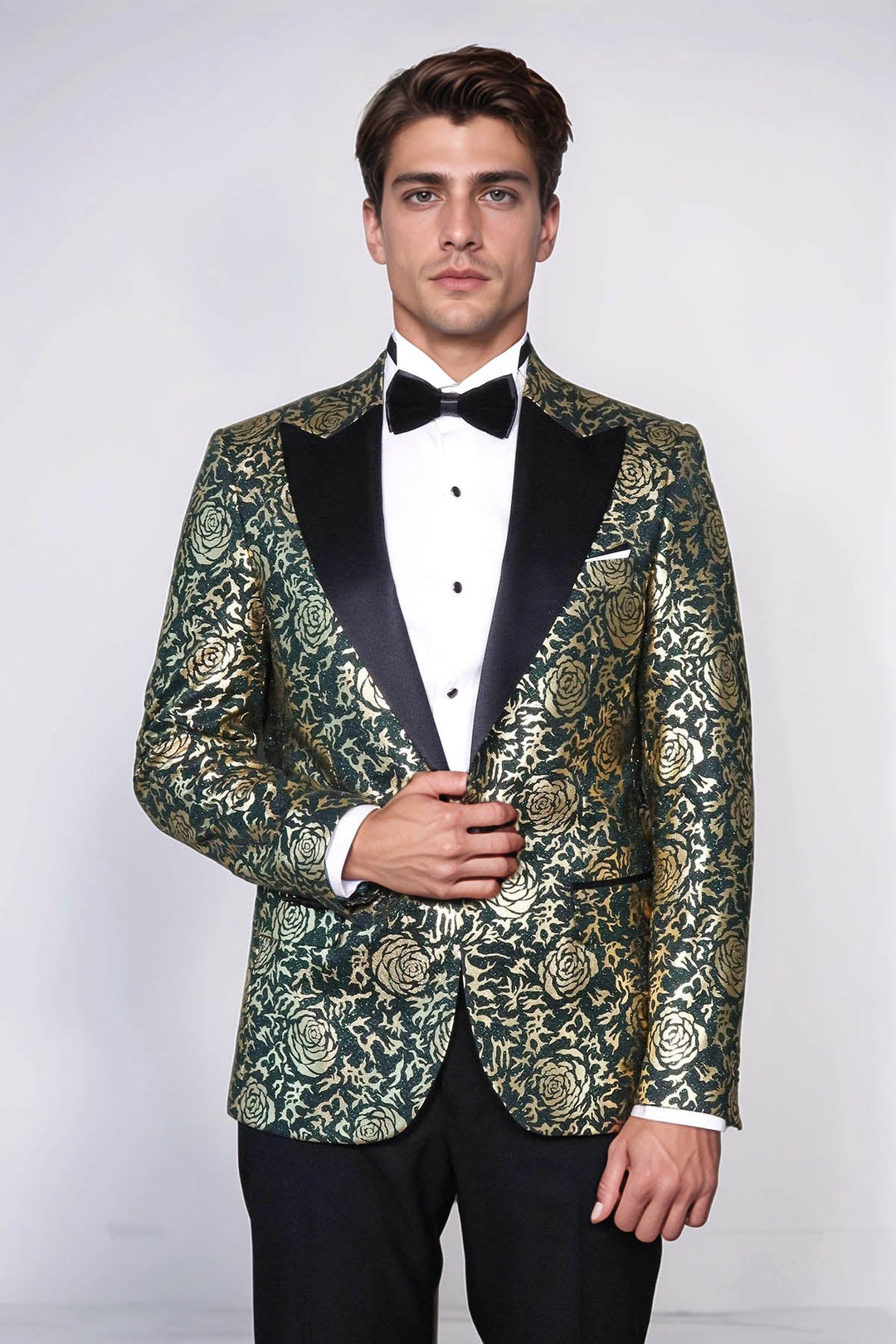 Gold Rose Patterned Slim Fit Green Men Singer Tuxedo Jacket - Wessi