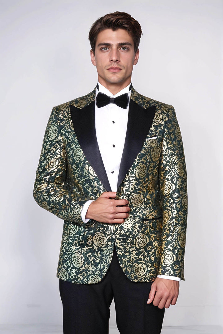 Gold Rose Patterned Slim Fit Green Men Singer Tuxedo Jacket - Wessi