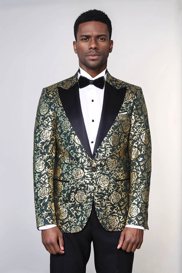 Gold Rose Patterned Slim Fit Green Men Singer Tuxedo Jacket - Wessi