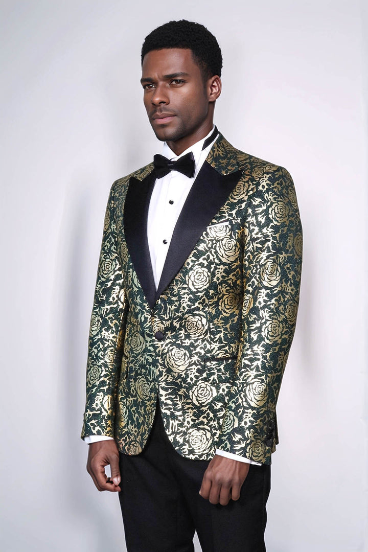 Gold Rose Patterned Slim Fit Green Men Singer Tuxedo Jacket - Wessi