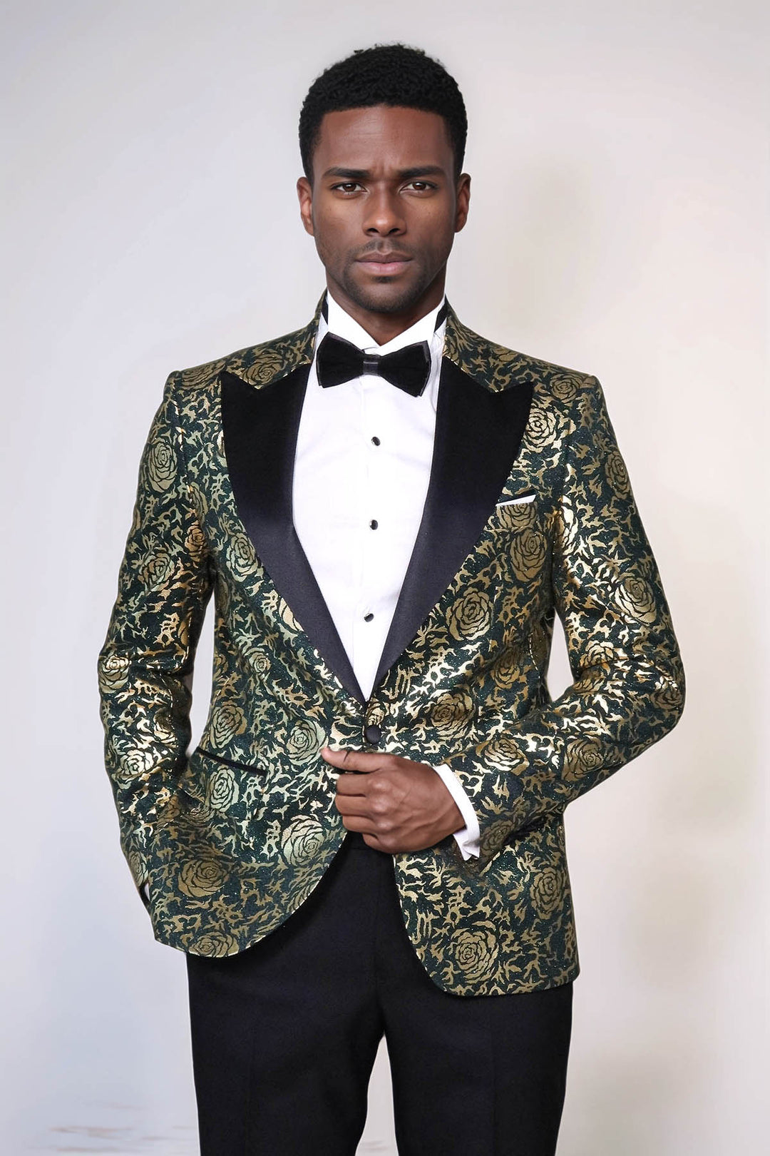Gold Rose Patterned Slim Fit Green Men Singer Tuxedo Jacket - Wessi