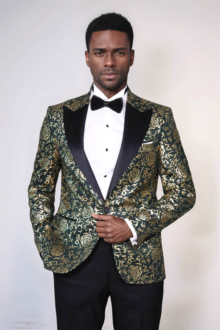 Gold Rose Patterned Slim Fit Green Men Singer Tuxedo Jacket - Wessi