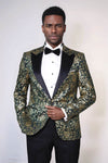 Gold Rose Patterned Slim Fit Green Men Singer Tuxedo Jacket - Wessi