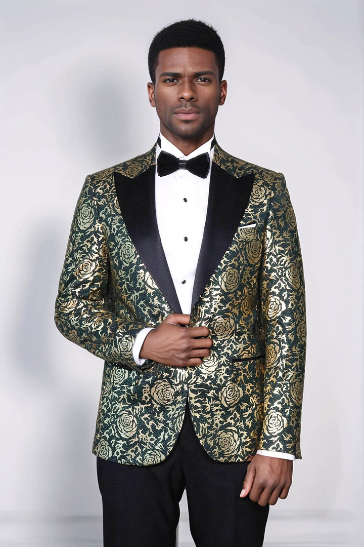 Gold Rose Patterned Slim Fit Green Men Singer Tuxedo Jacket - Wessi