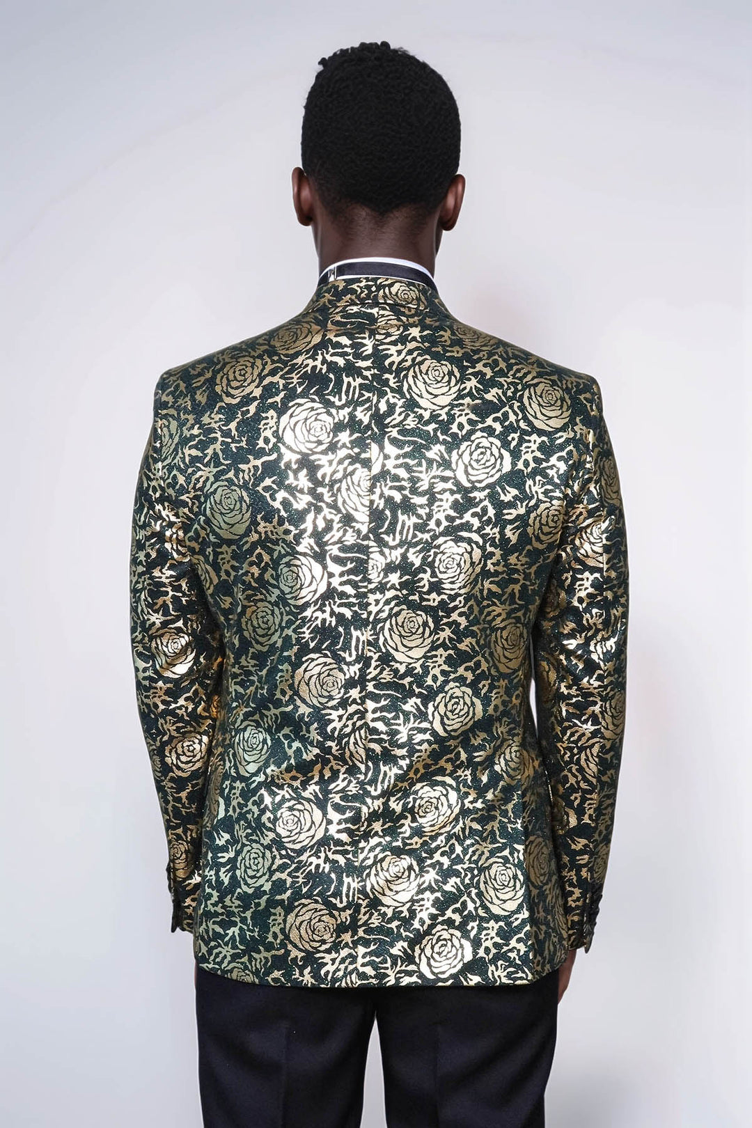 Gold Rose Patterned Slim Fit Green Men Singer Tuxedo Jacket - Wessi