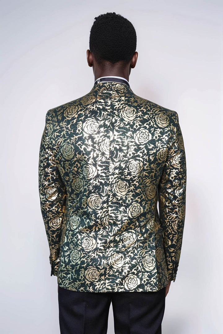 Gold Rose Patterned Slim Fit Green Men Singer Tuxedo Jacket - Wessi